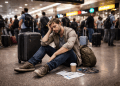 En Trött Resenär På Flygplatsgolvet