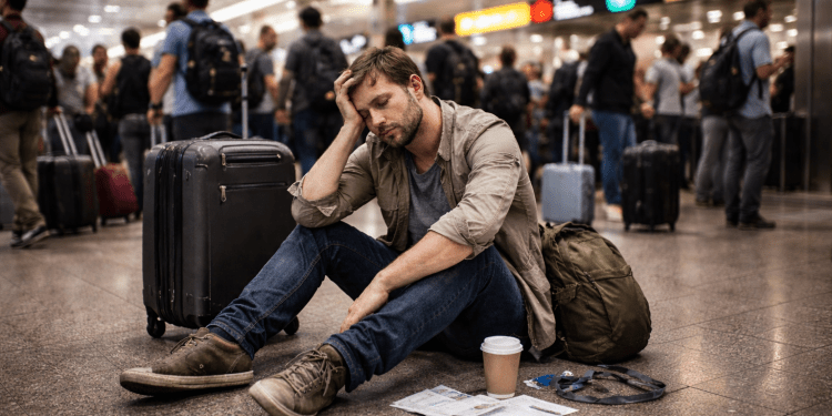 En Trött Resenär På Flygplatsgolvet