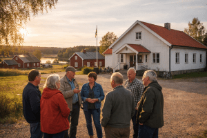 Sju Personer Står Samlade Utanför Bygdegården På Landsbygden.