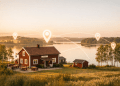 Typiskt Svenskt Rött Gårdshus Med Vita Knutar I Solnedgång Vid Insjö