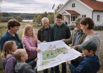 En Grupp Vuxna Och Barn Tittar På En Plan På Lekplatsen Som De Planerar. Alla Är Hoppfulla Och Glada.