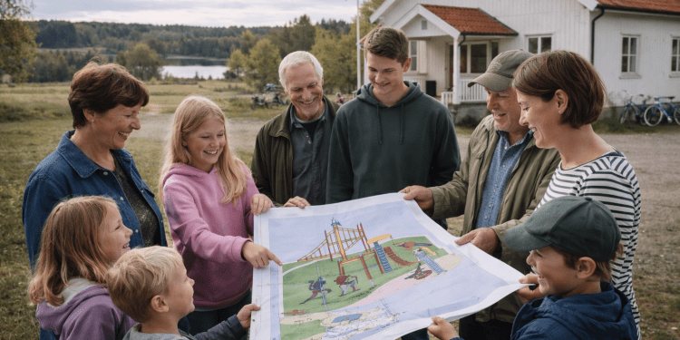 En Grupp Vuxna Och Barn Tittar På En Plan På Lekplatsen Som De Planerar. Alla Är Hoppfulla Och Glada.