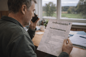 En Man Sitter Och Talar I Telefonen. I Handen Har Han Ett Brev Från Jordbruksverket. På Dokumentet Står Det Krav Om Komplettering