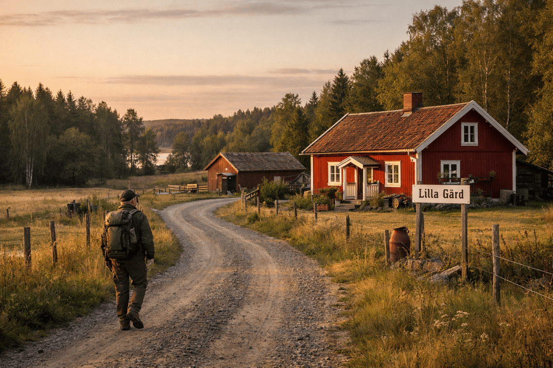 En Vandrare Går På En Grusväg På Den Svenska Landsbygden