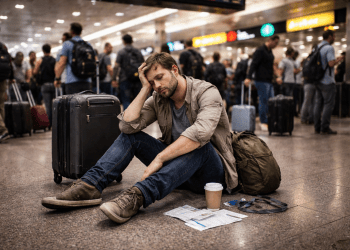 En Trött Resenär På Flygplatsgolvet