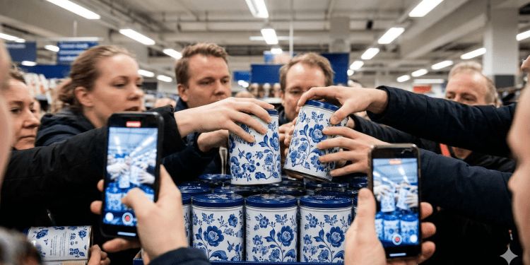 En Kaotisk Scen I En Svensk Mataffär, Där En Folkmassa Av Kunder Knuffas Och Sträcker Sig För Att Nå Blåblommiga Mon Amie-Kaffeburkar, Med Smartphones Som Filmar Händelsen, Vilket Illustrerar Fomo-Kultur (Fear Of Missing Out) Och Konsumtionshysteri.