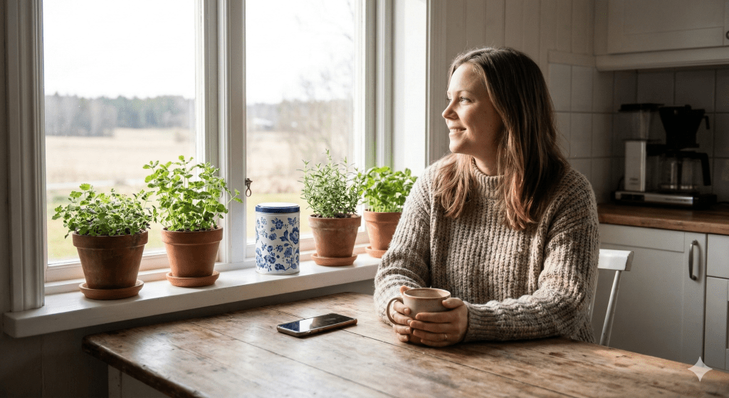 En Lugn Kvinna Sitter I Ett Minimalistiskt Svenskt Torpkök, Ler Och Håller En Varm Keramikmugg I Solljuset. Den Blåblommiga Mon Amie-Kaffeburken Står Statiskt På Fönsterbrädan Och Hennes Mobiltelefon Ligger Bortvänd På Bordet, Vilket Visar Jomo (Joy Of Missing Out) Och En Medveten Långsam Livsstil.