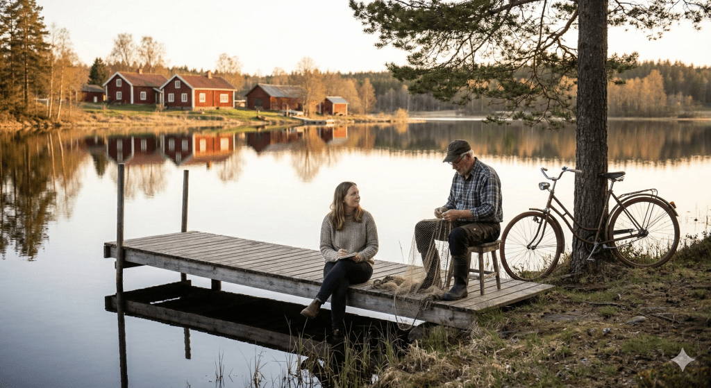 En Lugn Landskapsbild Från 'Golden Hour' I Dalarna, Sverige. En Kvinna Som Praktiserar Slow Travel Sitter På En Brygga Vid En Sjö Och Pratar Med En Äldre Svensk Bonde Som Lagar Ett Fisknät. Ingen Teknik Syns, Vilket Visar Kontakt Med Lokal Kultur Och Jomo-Principer I Långsamt Resande.